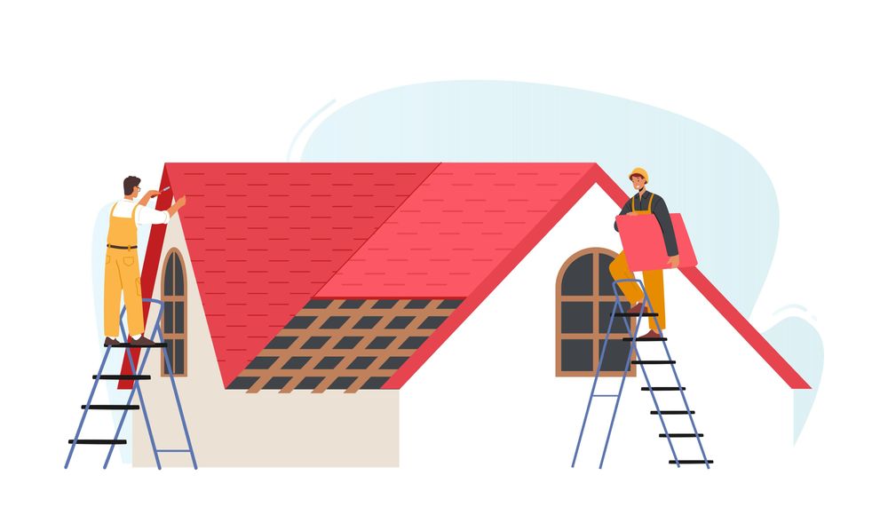 Illustration of people on ladders working on roof